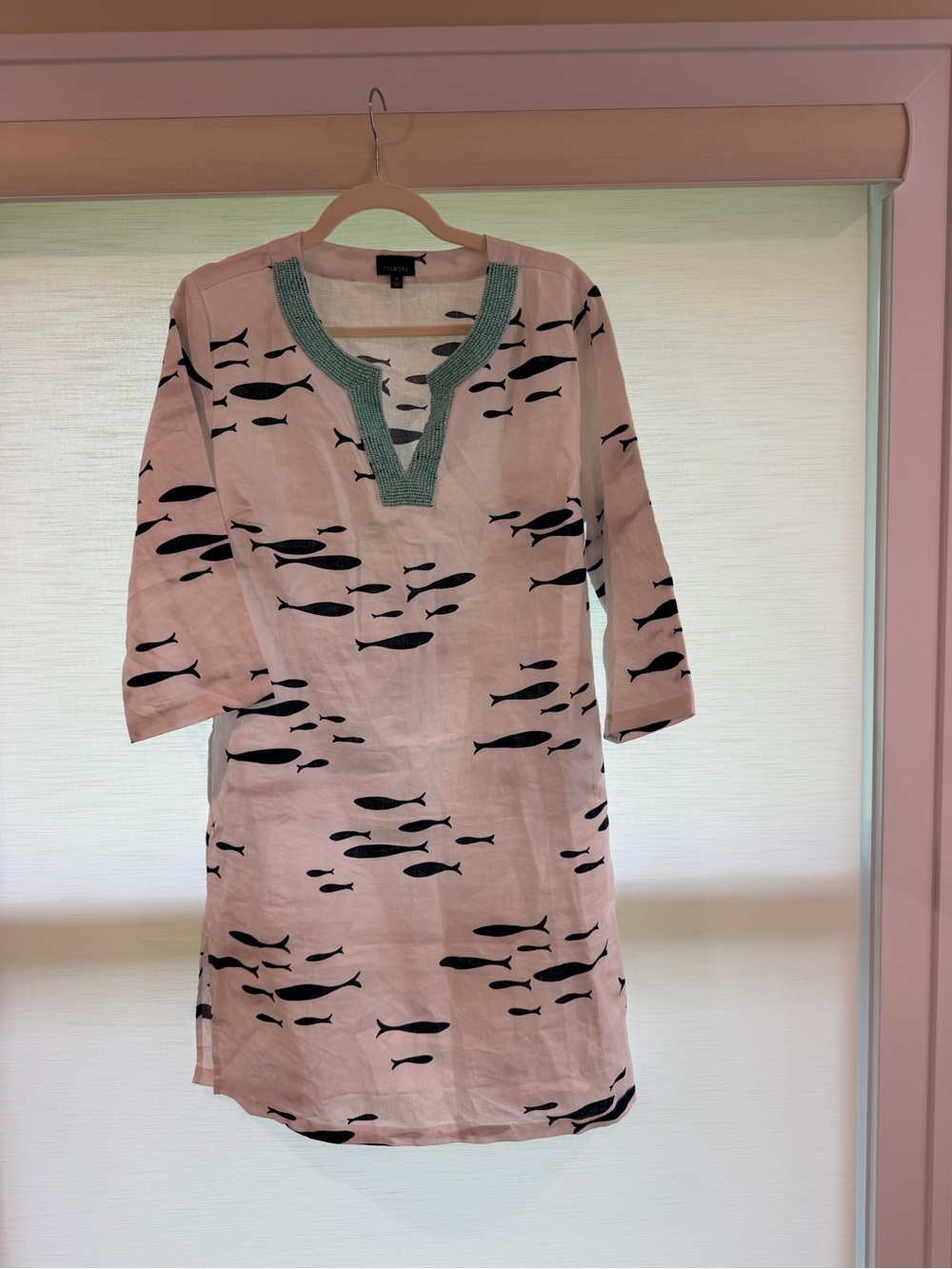 Talbots White Fish-Print V-Neck Swim Coverup with Green Trim size medium